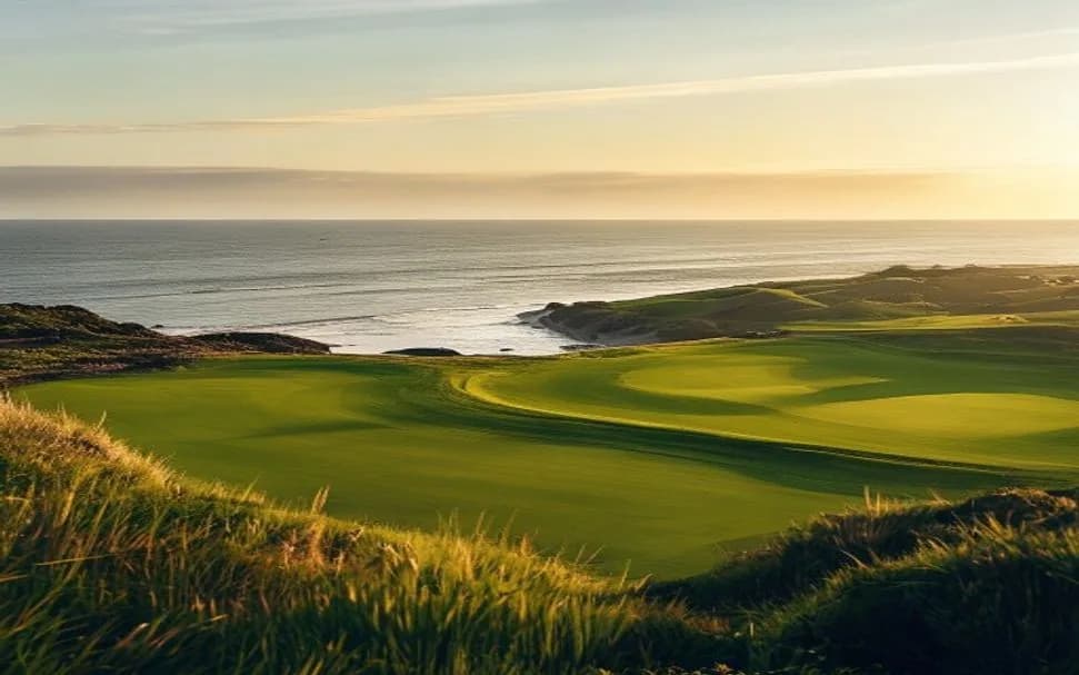 Vue du Golf Mogador près de l'océan à Essaouira, lumière du matin.