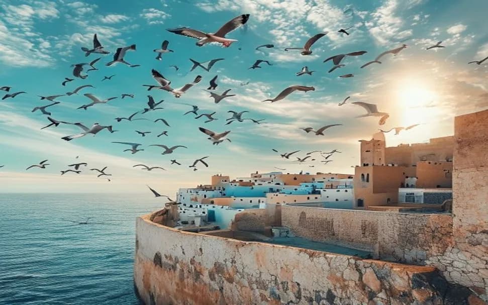 Vaste plage d'Essaouira avec kitesurfeurs et remparts de la médina au loin