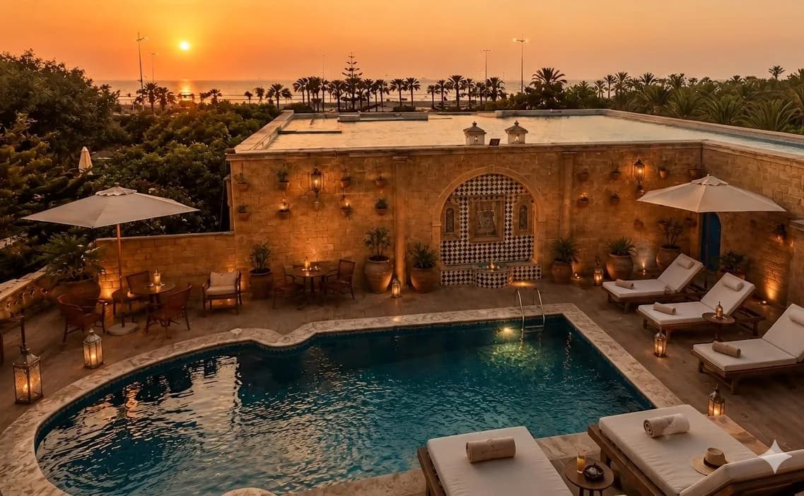 Villa Quieta à Essaouira : piscine et terrasse face à l'Atlantique au coucher du soleil