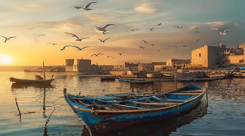Baie d'Essaouira au coucher du soleil avec barques de pêche bleues et remparts de la médina