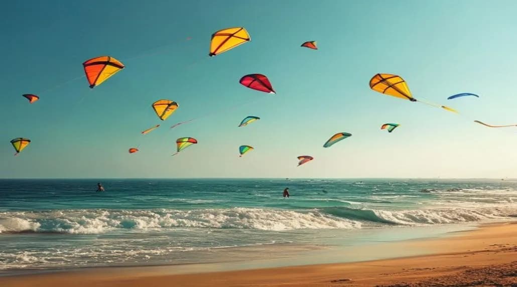 Cerfs-volants colorés au-dessus de la plage d'Essaouira