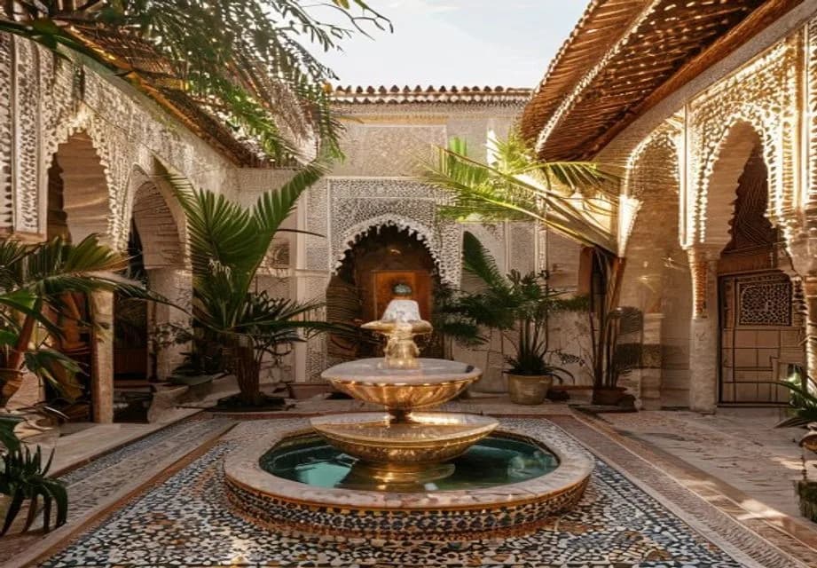 Cour intérieure de la Villa Quieta à Essaouira : mosaïques zellige, fontaine et palmiers en pot