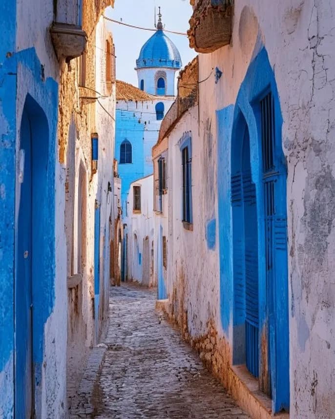 Ruelle de la médina d'Essaouira avec ses volets bleus et son horloge peinte
