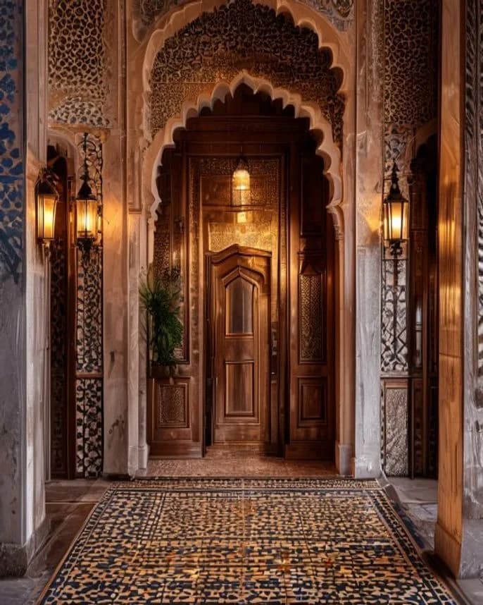 Entrée ornée d'une chambre de la Villa Quieta : portes en cèdre, zellige et lanternes en laiton