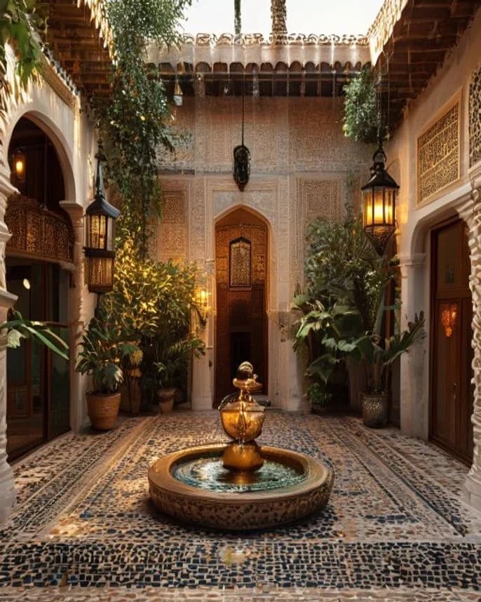 Patio de la Villa Quieta à Essaouira : fontaine en mosaïque zellige et bois de cèdre