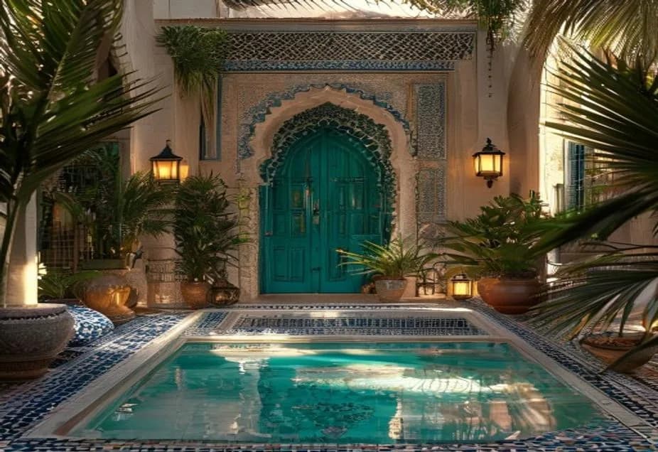 Patio de la Villa Quieta avec petite piscine turquoise, porte sculptée et lanternes